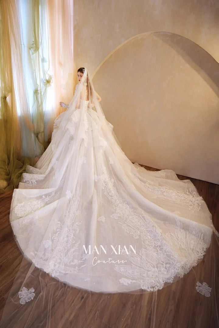 Luminous Ivory Off-Shoulder Glitter Tulle Ball Gown with 3D Floral Lace &amp; Train M021 by ZAPDRESS