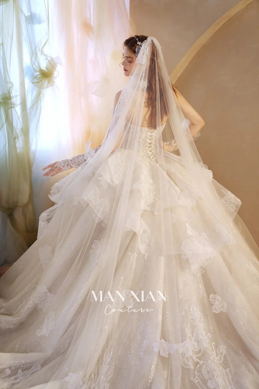 Luminous Ivory Off-Shoulder Glitter Tulle Ball Gown with 3D Floral Lace &amp; Train M021 by ZAPDRESS