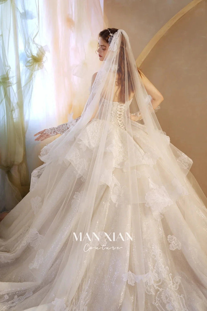 Luminous Ivory Off-Shoulder Glitter Tulle Ball Gown with 3D Floral Lace &amp; Train M021 by ZAPDRESS