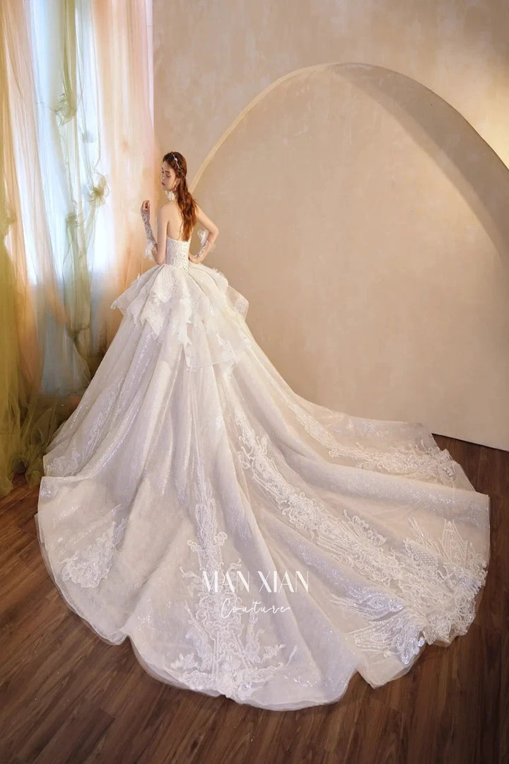 Luminous Ivory Off-Shoulder Glitter Tulle Ball Gown with 3D Floral Lace &amp; Train M021 by ZAPDRESS