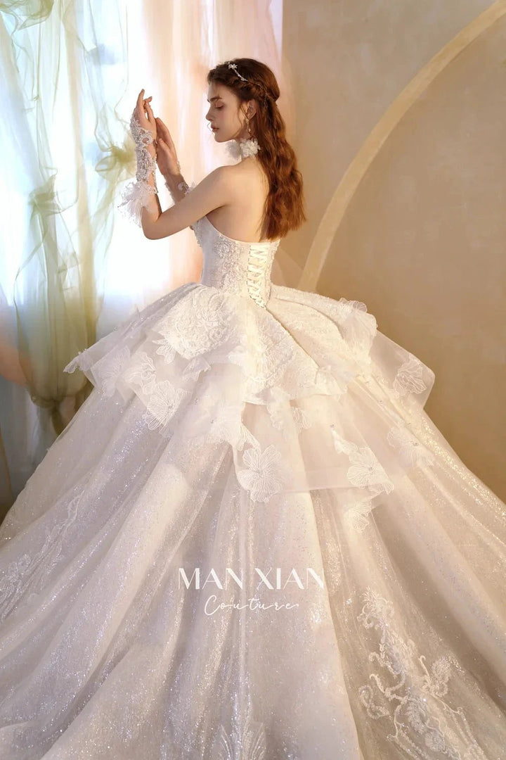 Luminous Ivory Off-Shoulder Glitter Tulle Ball Gown with 3D Floral Lace &amp; Train M021 by ZAPDRESS