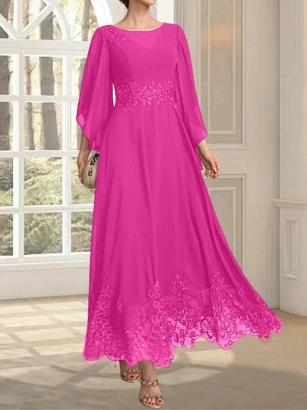 A-line Scoop Illusion Ankle-Length Lace Chiffon Mother of the Bride Dress With Sequins by Dreamylily