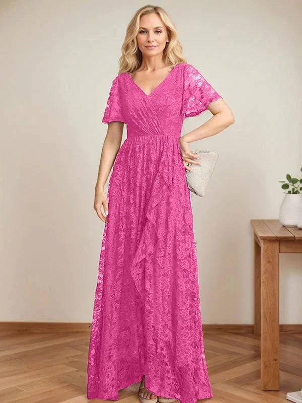 A-Line V-Neck Asymmetrical Lace Mother of the Bride Dress With Cascading Ruffles by Dreamylily