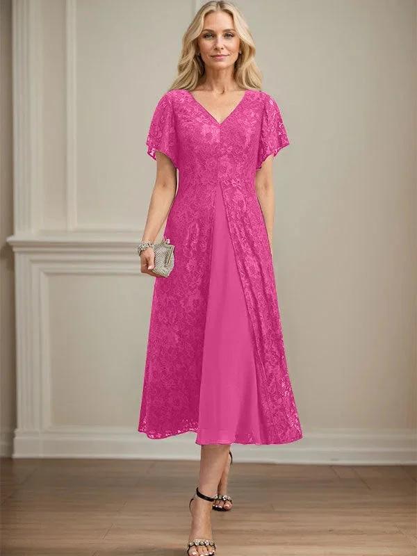 A-line V-Neck Tea-Length Lace Chiffon Mother of the Bride Dress by Dreamylily