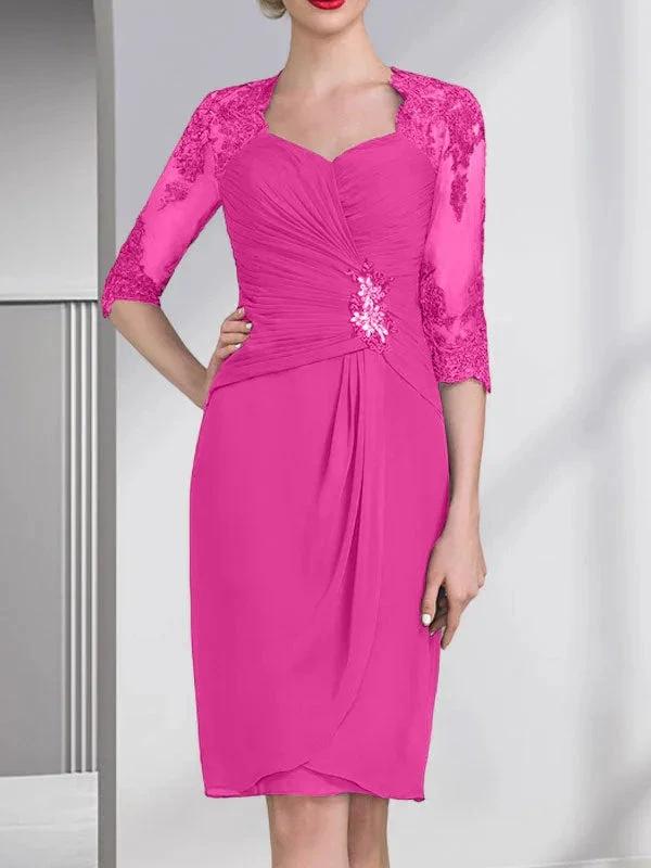 Sheath/Column Sweetheart Knee-Length Chiffon Mother of the Bride Dress With Beading Appliques Lace Sequins Pleated by Dreamylily