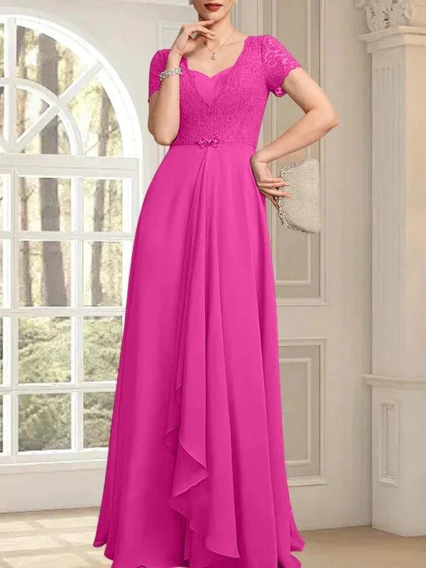 A-line Sweetheart Floor-Length Chiffon Lace Mother of the Bride Dress With Beading Cascading Ruffles by Dreamylily