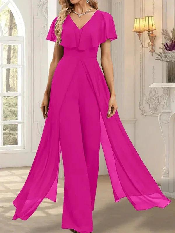 Jumpsuit/Pantsuit V-Neck Floor-Length Chiffon Evening Dress by Dreamylily