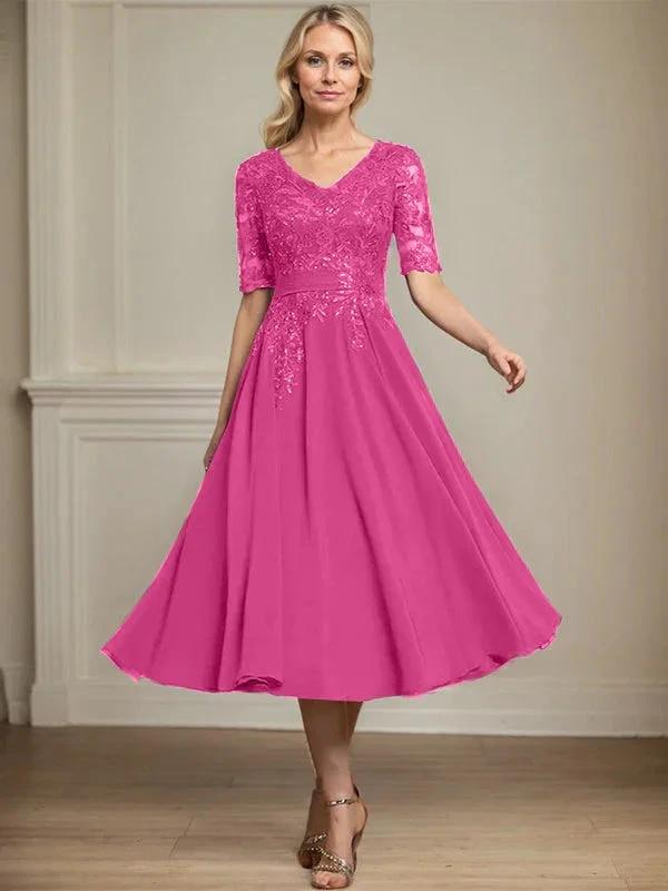 A-line V-Neck Tea-Length Lace Chiffon Mother of the Bride Dress With Sequins by Dreamylily