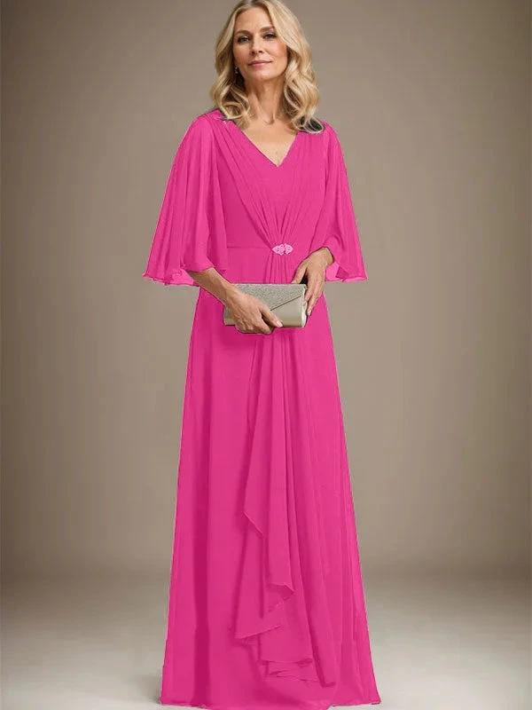 A-line V-Neck Floor-Length Chiffon Mother of the Bride Dress With Cascading Ruffles Crystal Brooch by Dreamylily