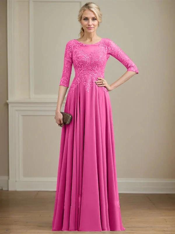 A-line Scoop Illusion Floor-Length Lace Chiffon Mother of the Bride Dress With Sequins by Dreamylily