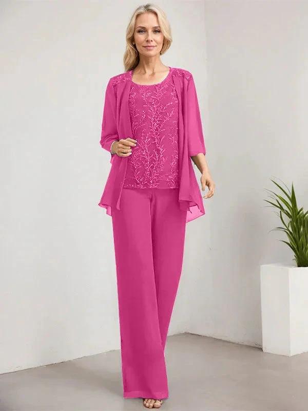 Separates Jumpsuit/Pantsuit Scoop Floor-Length Lace Chiffon Mother of the Bride Dress With Sequins by Dreamylily