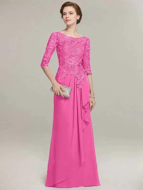 A-line Scoop Illusion Floor-Length Lace Chiffon Mother of the Bride Dress With Cascading Ruffles by Dreamylily