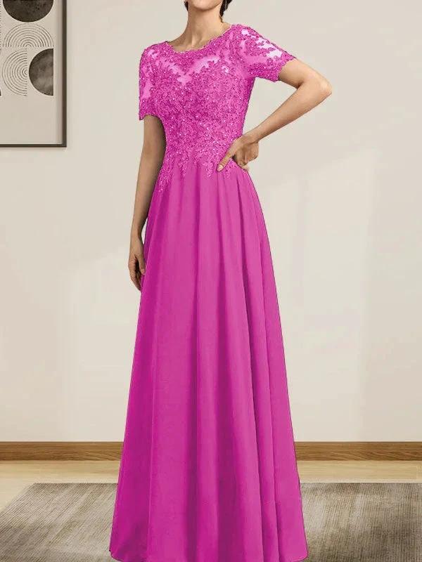 A-line Scoop Illusion Floor-Length Chiffon Lace Mother of the Bride Dress With Sequins Beading by Dreamylily
