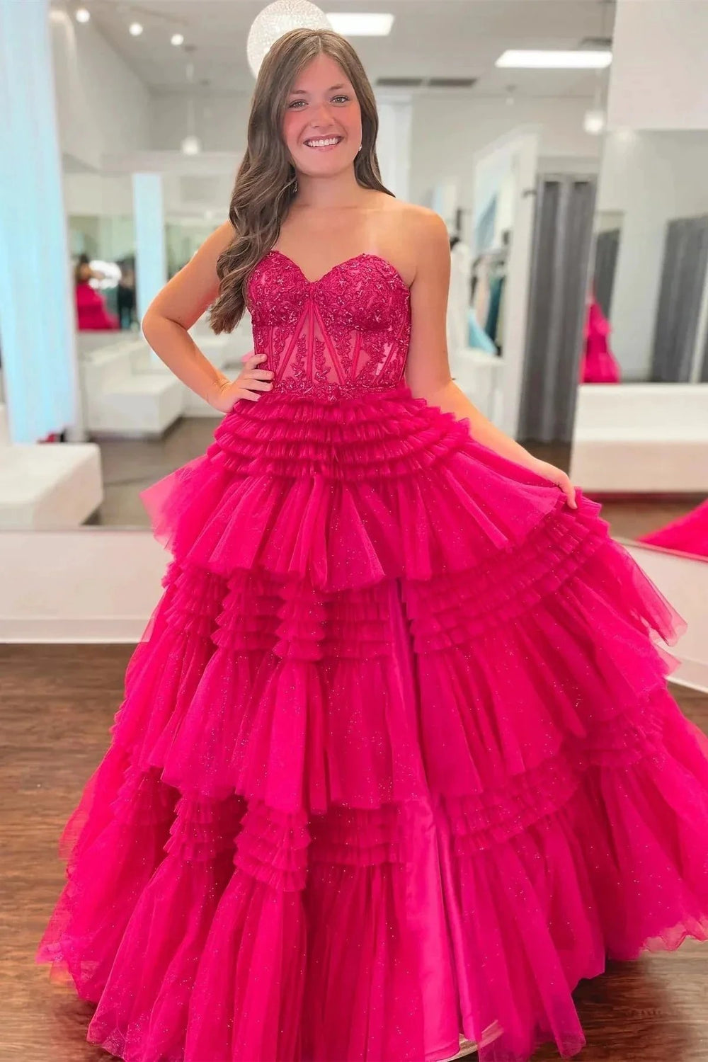 Fuchsia Multi-Layers Strapless Appliques A-line Tulle Long Prom Dress PSK451 by pgmdress