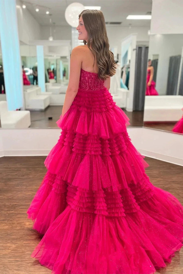 Fuchsia Multi-Layers Strapless Appliques A-line Tulle Long Prom Dress PSK451 by pgmdress
