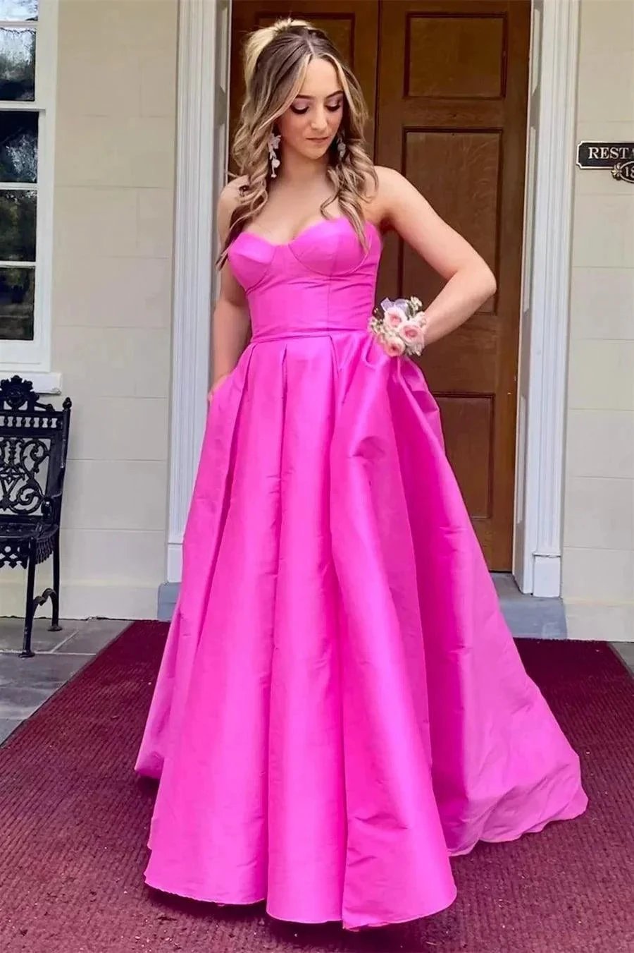 Fuchsia Strapless Satin Sweeping Long Prom Evening Dress With Pockets PSK432 by pgmdress