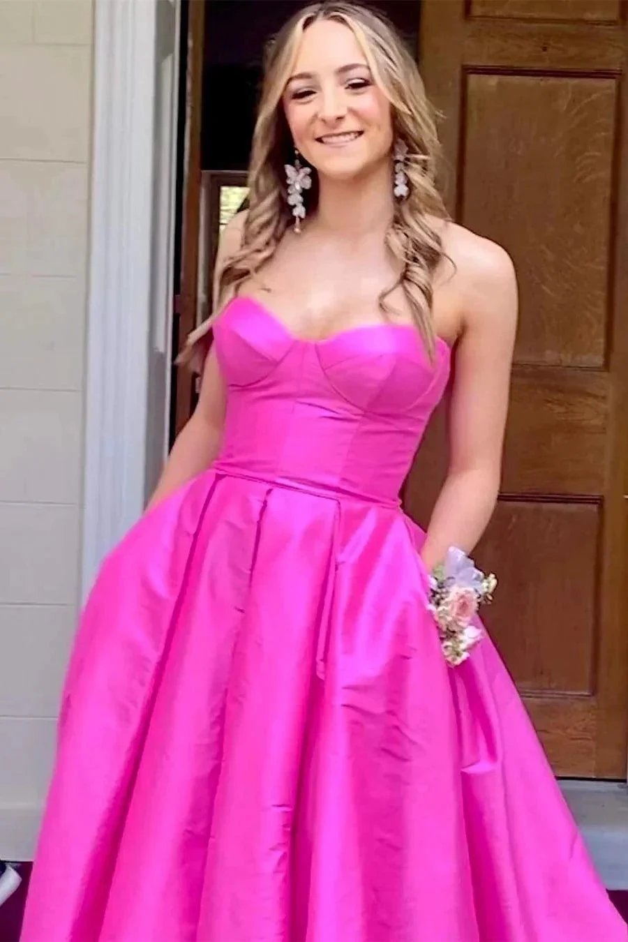 Fuchsia Strapless Satin Sweeping Long Prom Evening Dress With Pockets PSK432 by pgmdress