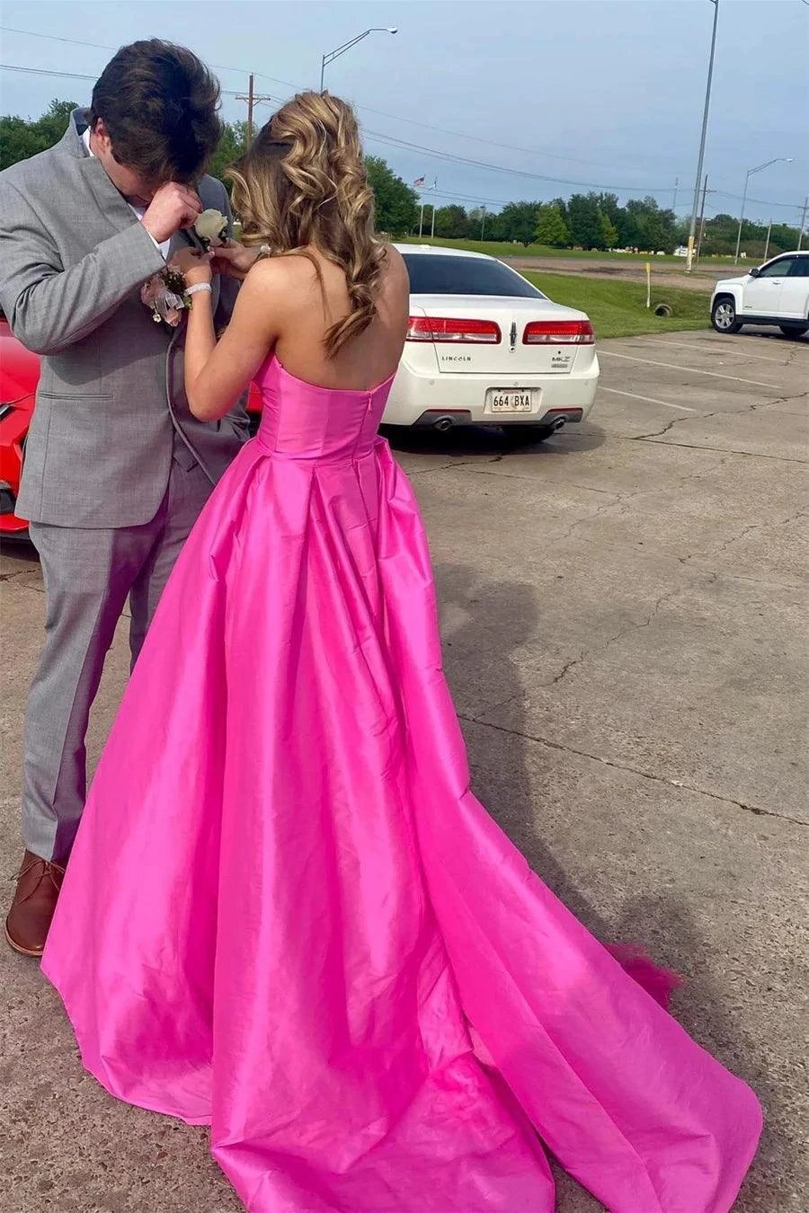 Fuchsia Strapless Satin Sweeping Long Prom Evening Dress With Pockets PSK432 by pgmdress
