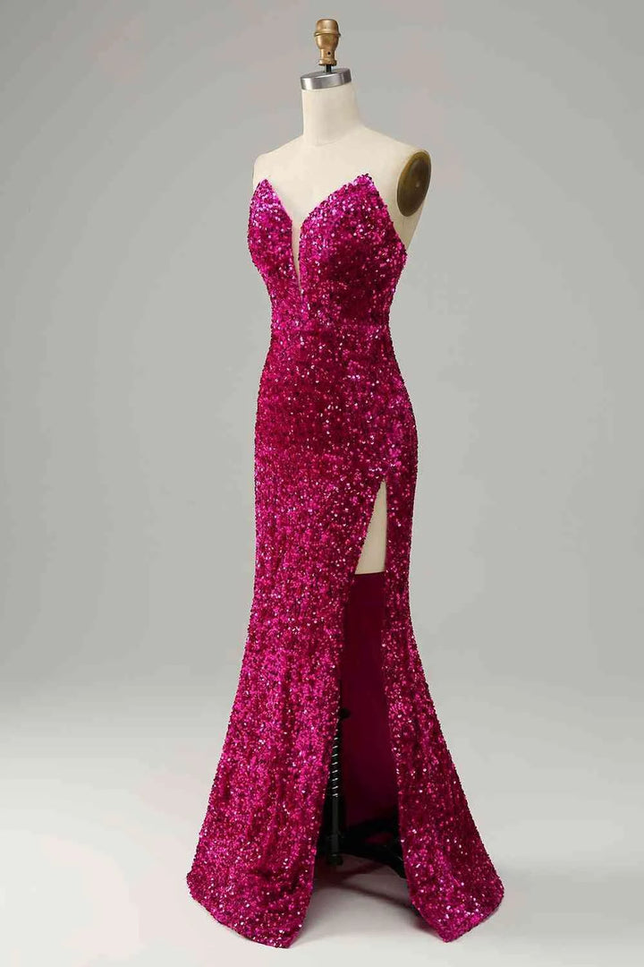 Strapless Sequin Prom Dress With Slit SYP112 by vivymakudress