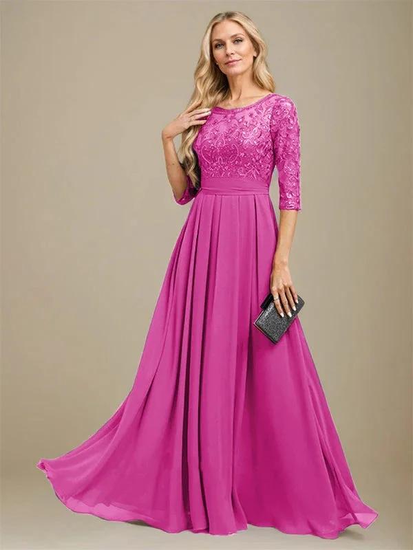 A-Line Scoop Floor-Length Lace Chiffon Mother Of the Bride Dress With Sequins Applique by Dreamylily