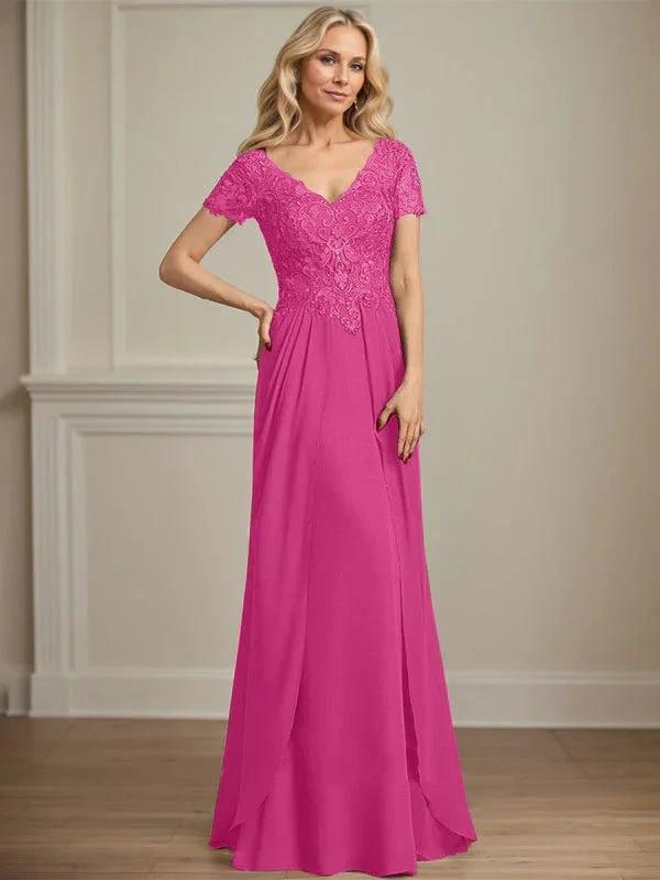 A-line V-Neck Floor-Length Chiffon Lace Mother of the Bride Dress by Dreamylily