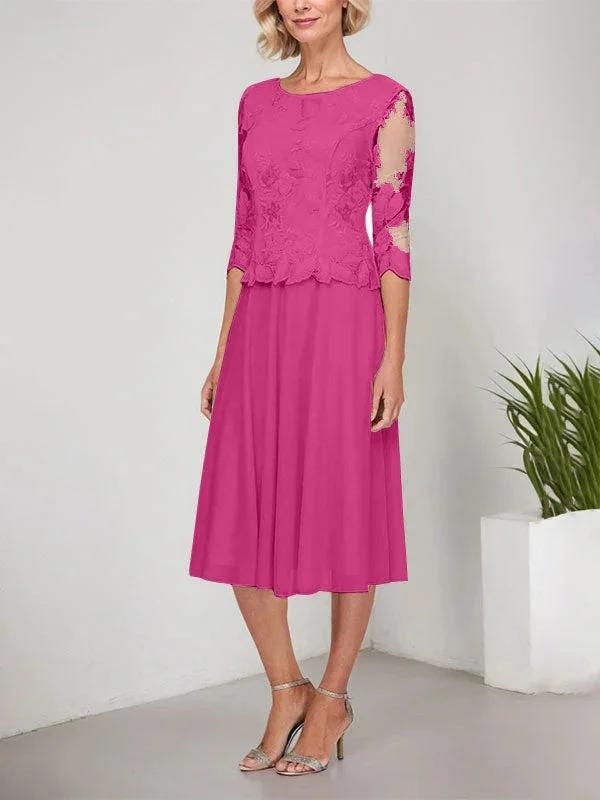 A-line Scoop Tea-Length Lace Chiffon Mother of the Bride Dress With Embroidery by Dreamylily