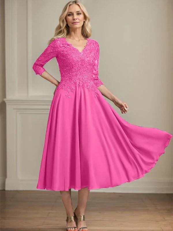 A-line V-Neck Tea-Length Chiffon Lace Mother of the Bride Dress With Beading Sequins by Dreamylily