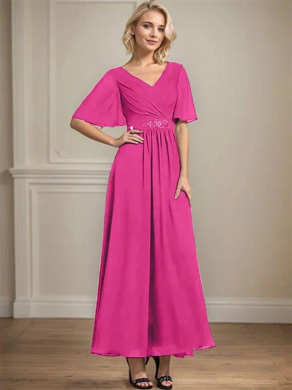 A-line V-Neck Ankle-Length Chiffon Mother of the Bride Dress With Pleated Beading Sequins by Dreamylily