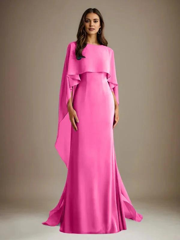 Sheath/Column Boatneck Floor-Length Chiffon Mother of the Bride Dress With Cascading Ruffles by Dreamylily