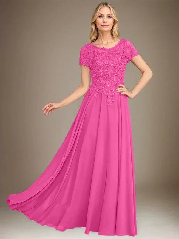 A-Line Scoop Floor-Length Chiffon Mother of the Bride Dress With Applique &amp; Sequins by Dreamylily
