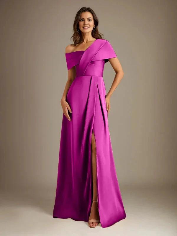 A-Line Asymmetrical Neckline Floor-Length Satin Mother of the Bride Dress With Pleated by Dreamylily