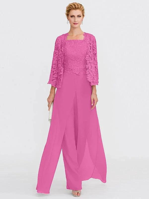 3 Piece Chiffon Square Neck Mother of the Bride Pantsuits with Jacket by Dreamylily