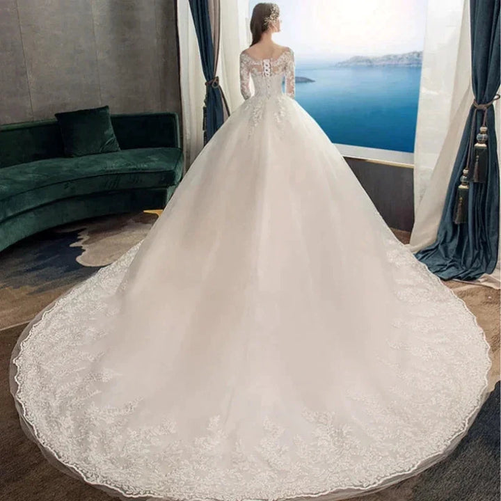 Full Sleeve Lace Long Train Wedding Dresses Illusion Long Appliques Lace Embroidery Vestido De Noiva Vestidos De Novia by payinti
