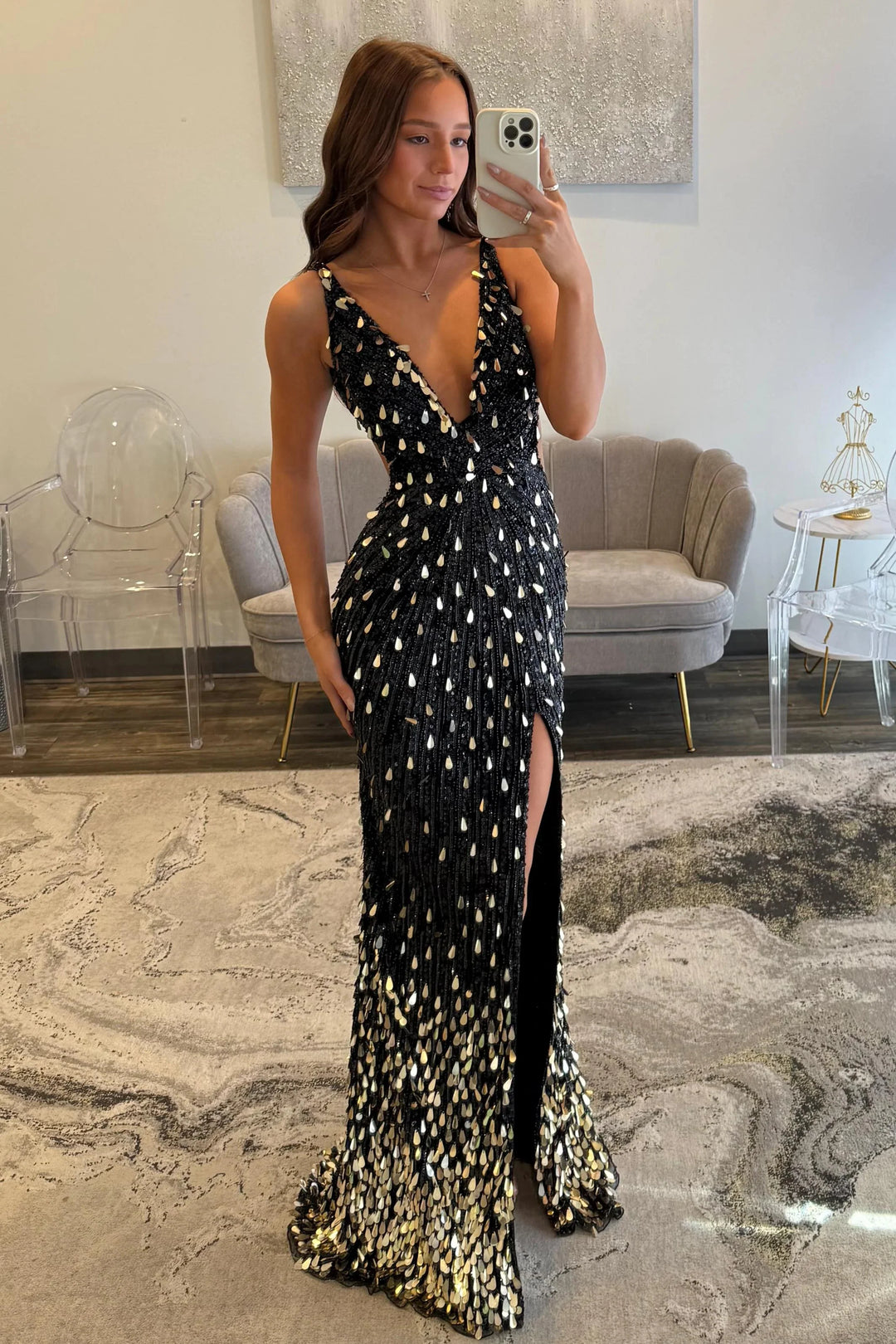 Sparkly Gold Fully Beaded Prom Dress with Deep V Neck Slit and Open Back