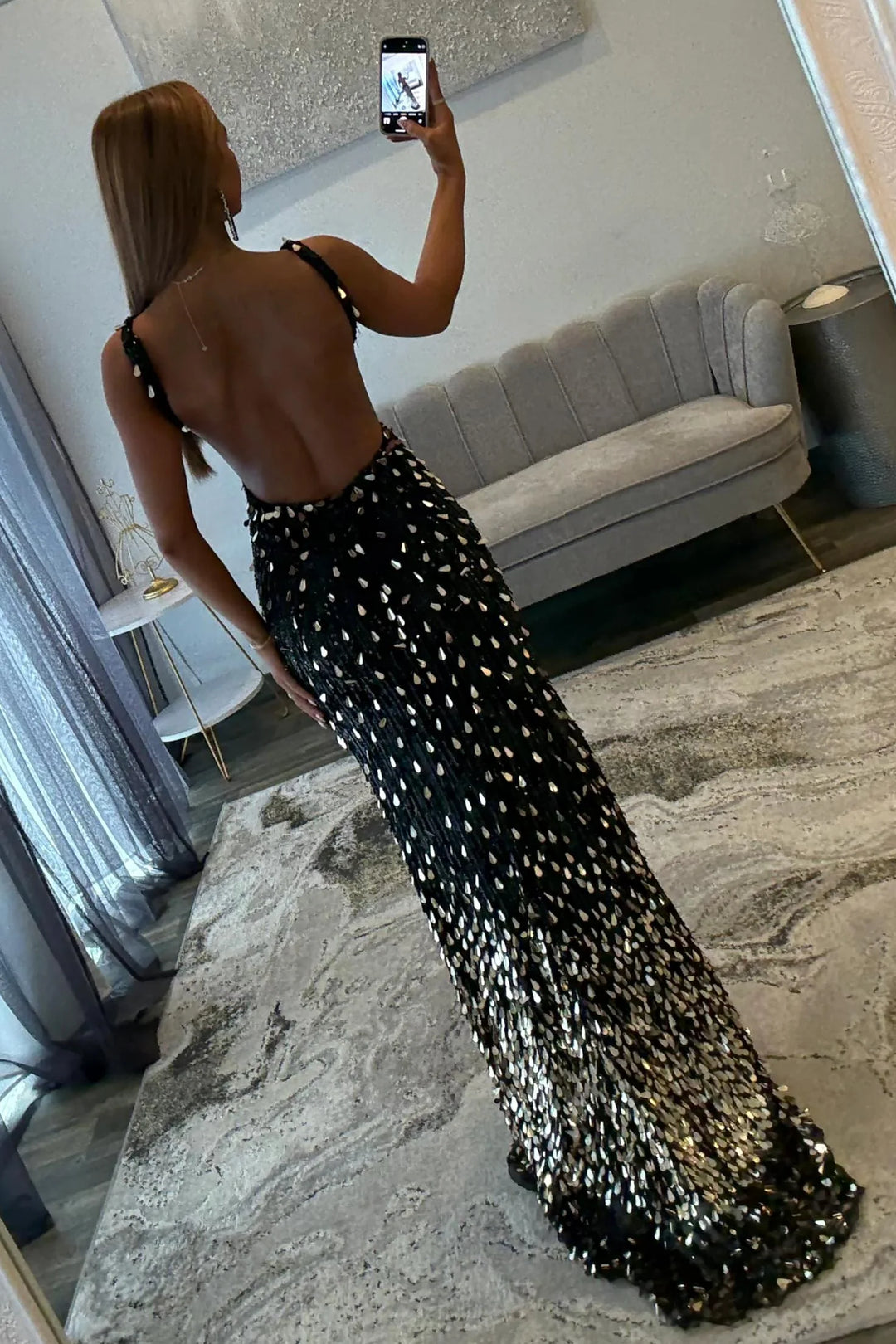Sparkly Gold Fully Beaded Prom Dress with Deep V Neck Slit and Open Back