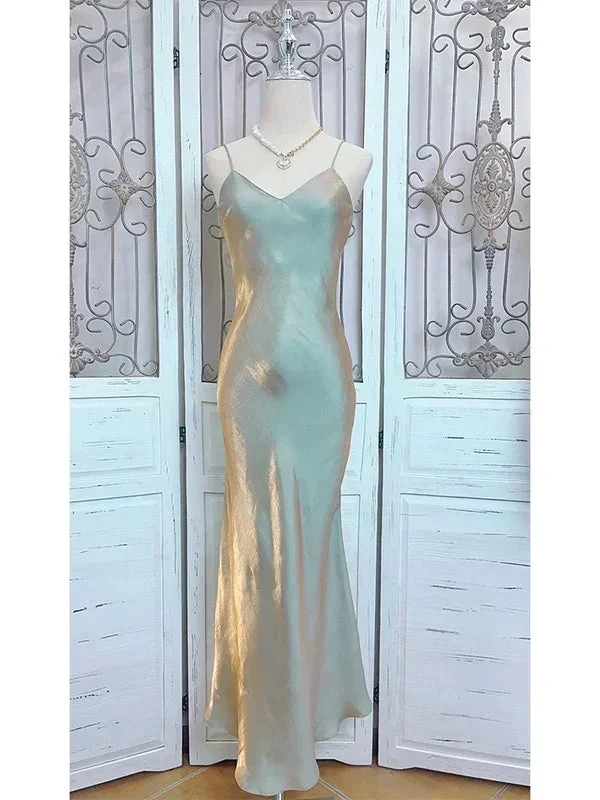 Unique Spaghetti Straps V Neck Satin A Line Prom Evening Dress Y8061 by simplepromdress