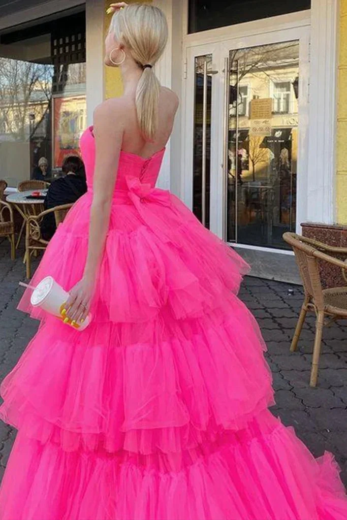 Strapless High Low Layered Hot Pink Tulle Long Prom Dress, High Low Hot Pink Formal Dress, Hot Pink Evening Dress Y214 by simplepromdress