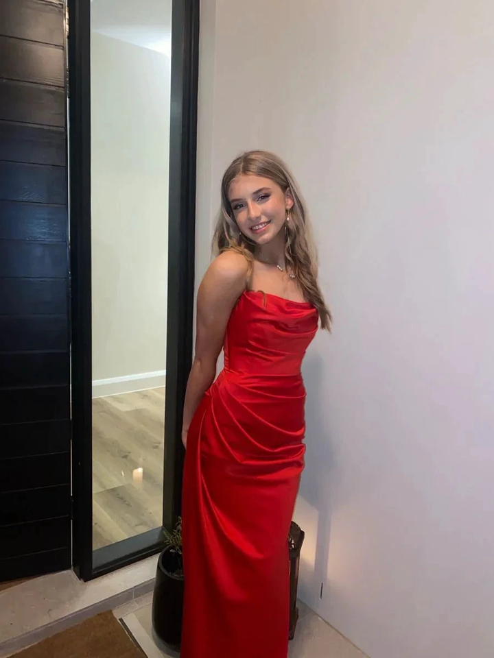 Woman in elegant red satin evening gown posing indoors, ZAPDRESS fashion
