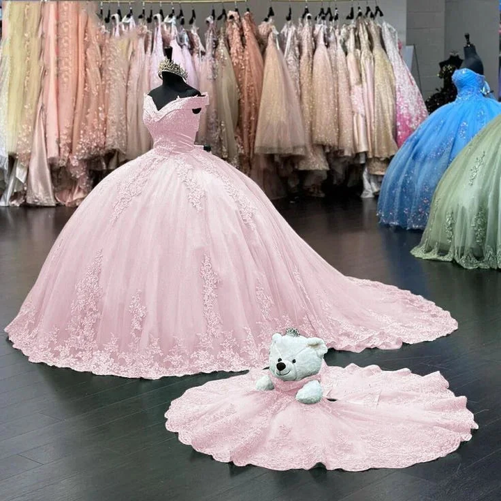 Off Shoulder Pink Sweet 16 Quinceanera Dresses Lace Birthday Ball Gown Y7245 by simplepromdress