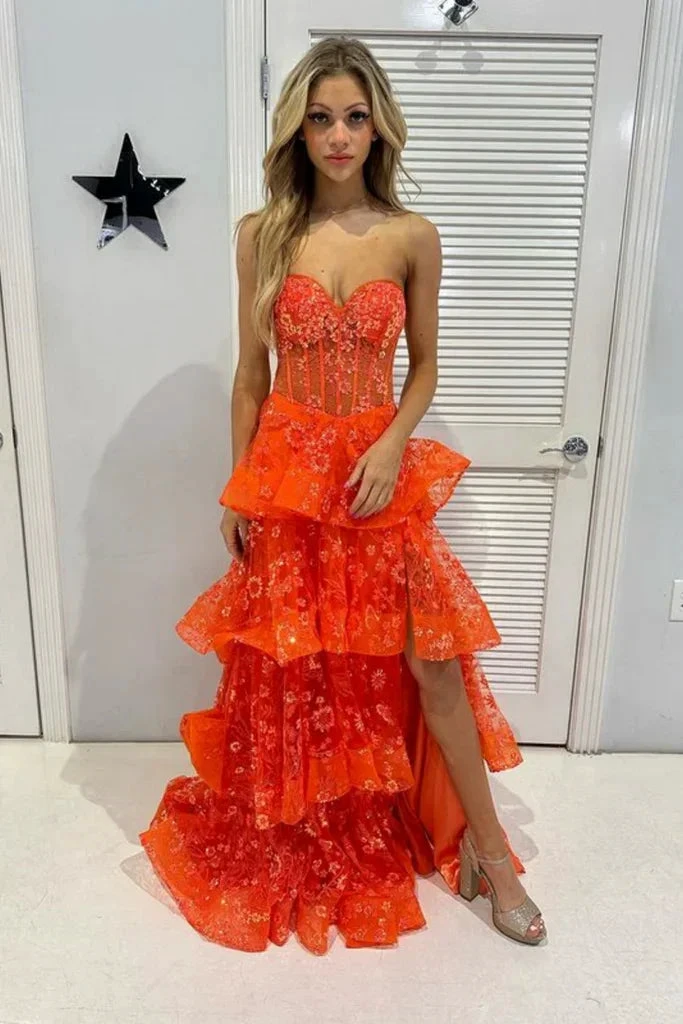Chic Orange Strapless A-Line Lace Layered Appliques Prom Dress Slit Evening Dress Y7885 by simplepromdress