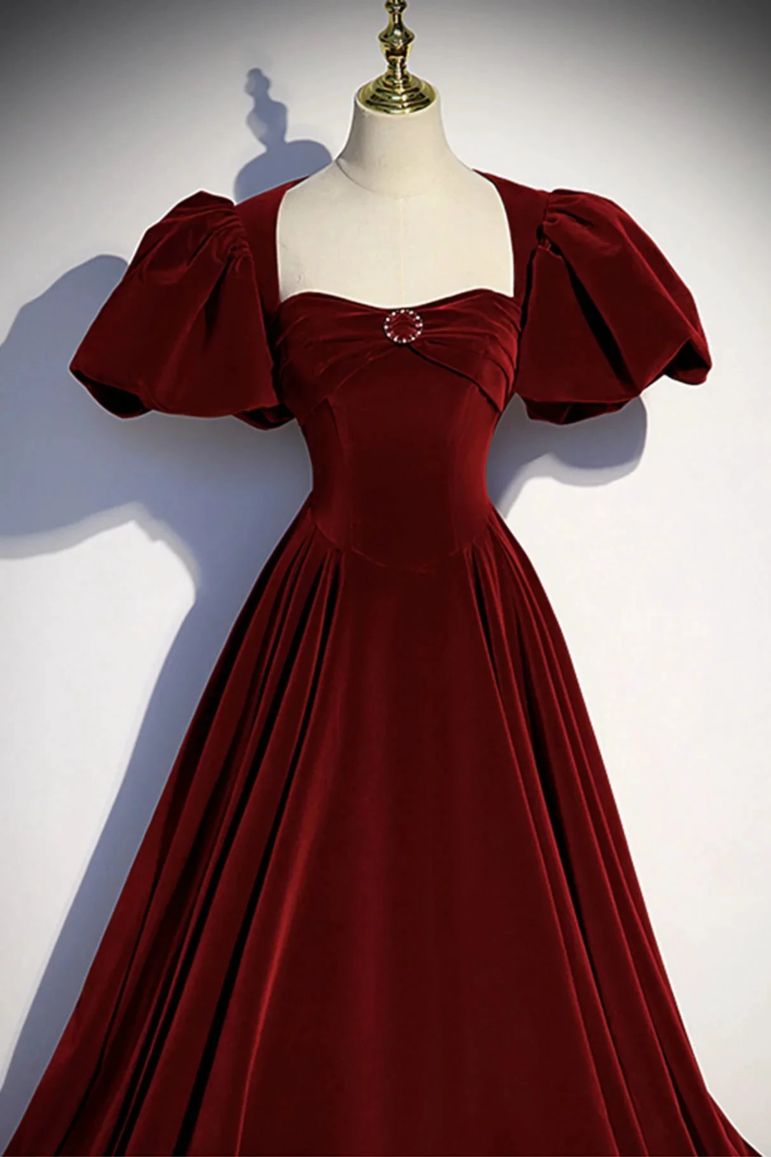 ZAPDRESS elegant burgundy velvet dress with puff sleeves and jeweled detail on bust