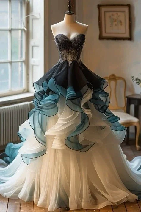 Unique Strapless Tulle Beaded Ruffle A Line Prom Dress Formal Ball Gown Y8343 by simplepromdress