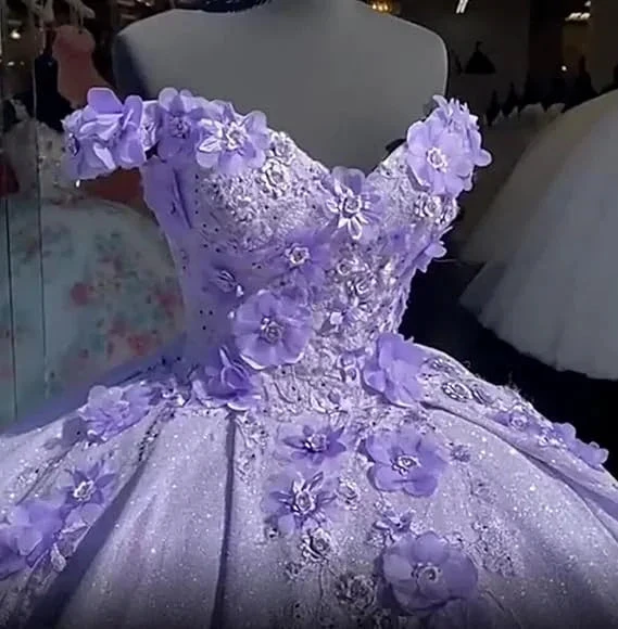 Off the shoulder blue ball gown , sparkly prom dress with flowers S26908 by simplepromdress