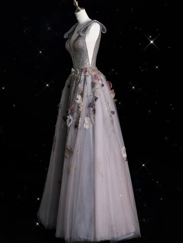 Charming V Neckline Gray Tulle Floral Ball Gown Long Evening Gown Prom Dress Y7953 by simplepromdress