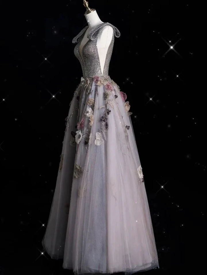 Charming V Neckline Gray Tulle Floral Ball Gown Long Evening Gown Prom Dress Y7953 by simplepromdress