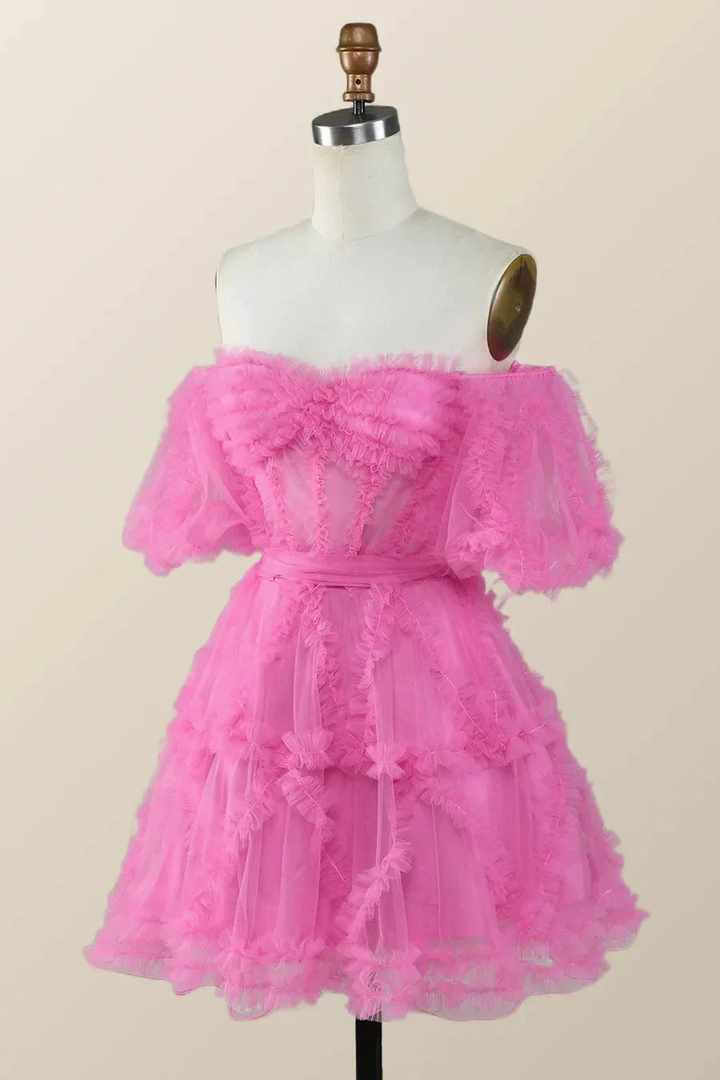 Off the Shoulder Hot Pink Ruffles Short A-line Homecoming Dress Y2783 by simplepromdress
