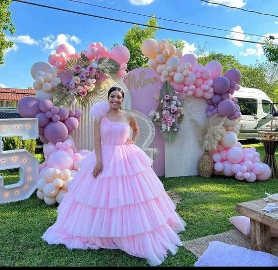 Pink A-line Tiered Tulle Ball Gown,Pink Sweet 16 Dress Y6957 by simplepromdress