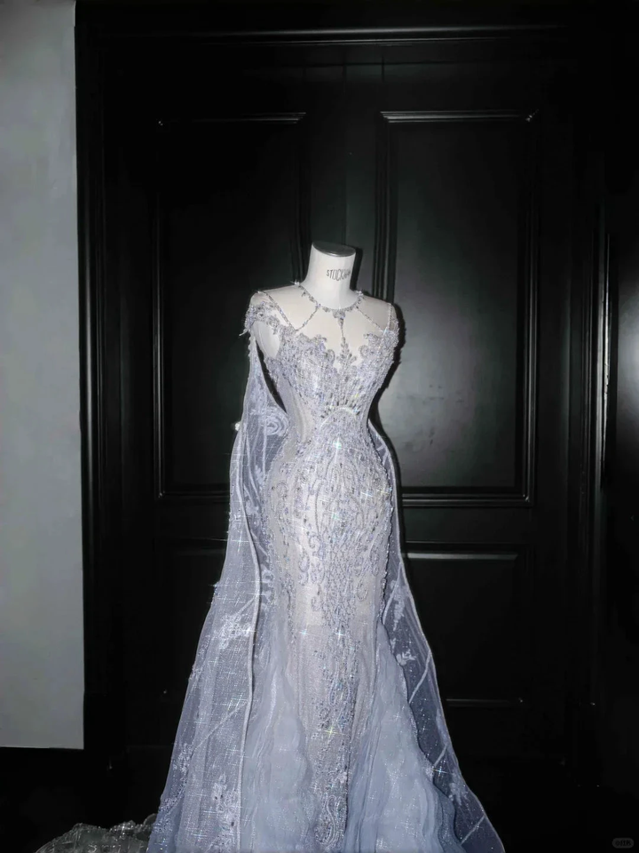 Classy Blue Tulle Beaded Mermaid Prom Dress,Formal Evening Dress Wedding Dress Y8655 by simplepromdress
