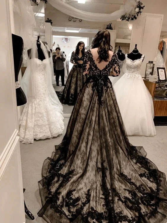Glamorous Black Lace Wedding Dress,Gothic Bridal Gown Y7353 by simplepromdress