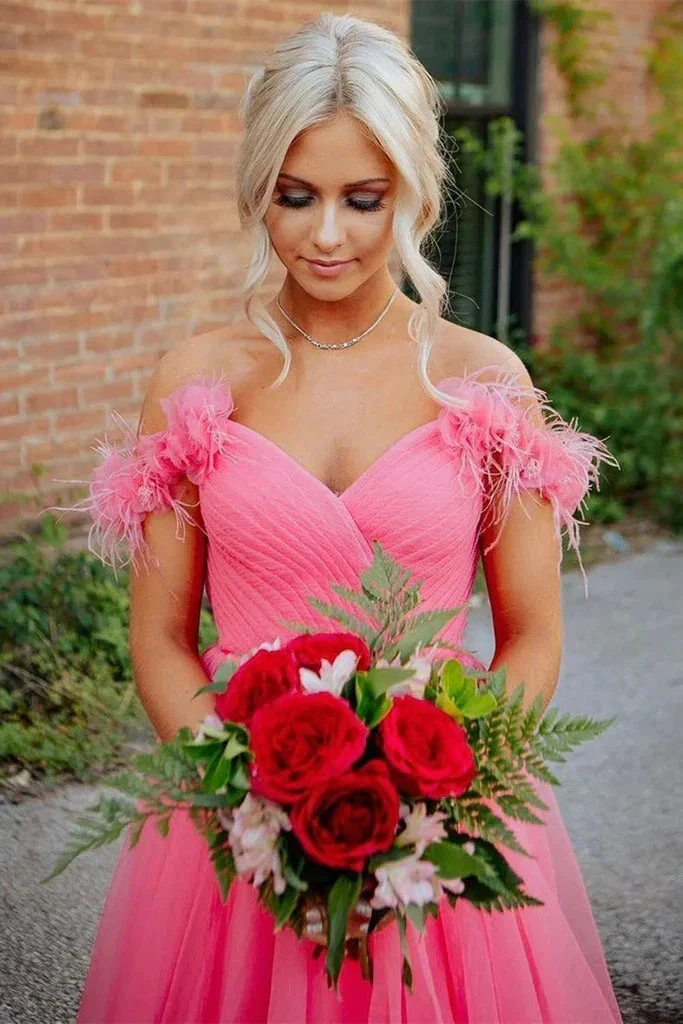 Off Shoulder Hot Pink Tulle Long Prom Dress, Long Hot Pink Tulle Formal Graduation Evening Dress Y1493 by simplepromdress